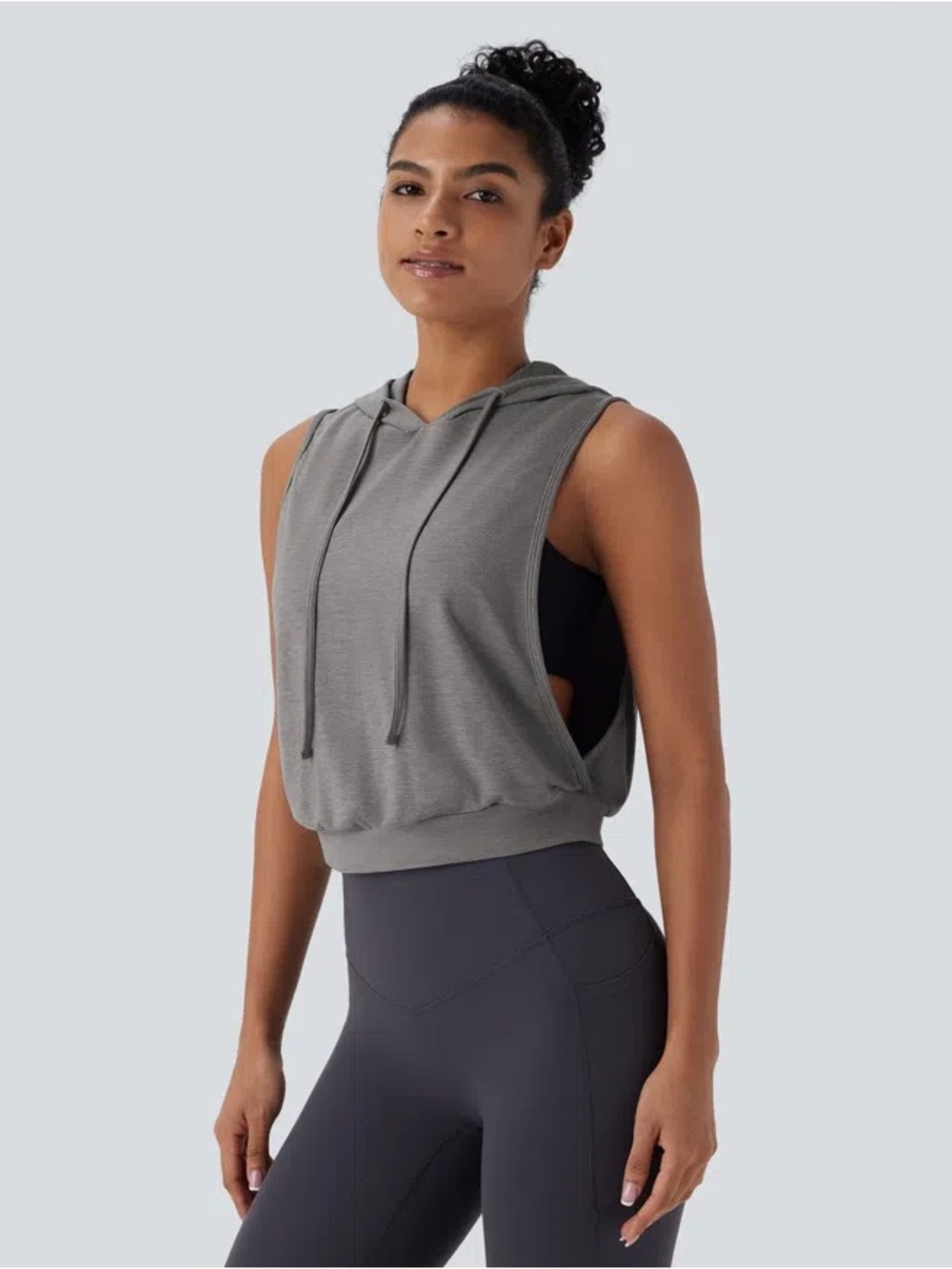 Halara Hooded Drawstring Sleeveless Cropped Running Tank Top Gray M NWT